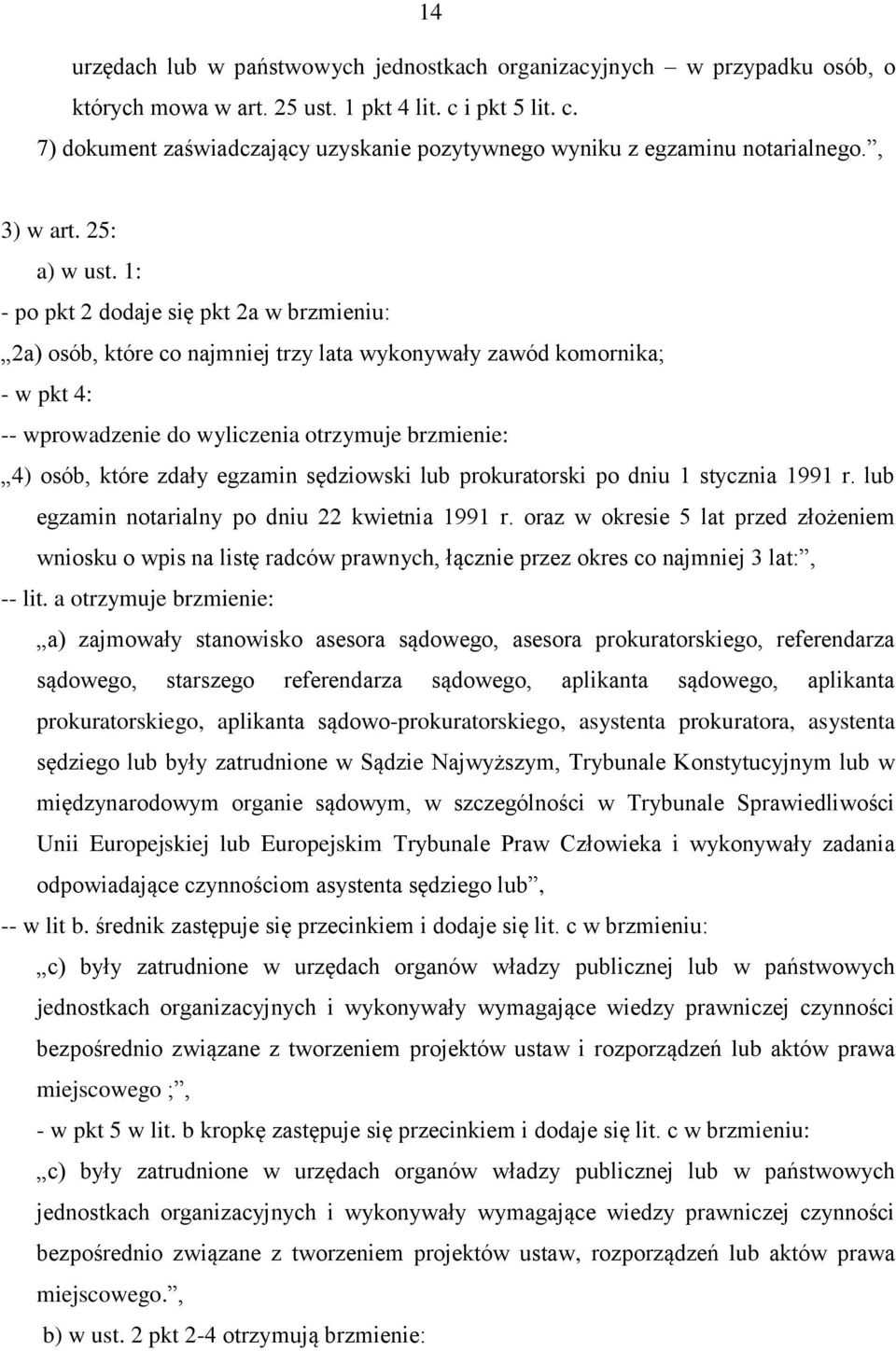 1: - po pkt 2 dodaje się pkt 2a w brzmieniu: 2a) osób, które co najmniej trzy lata wykonywały zawód komornika; - w pkt 4: -- wprowadzenie do wyliczenia otrzymuje brzmienie: 4) osób, które zdały