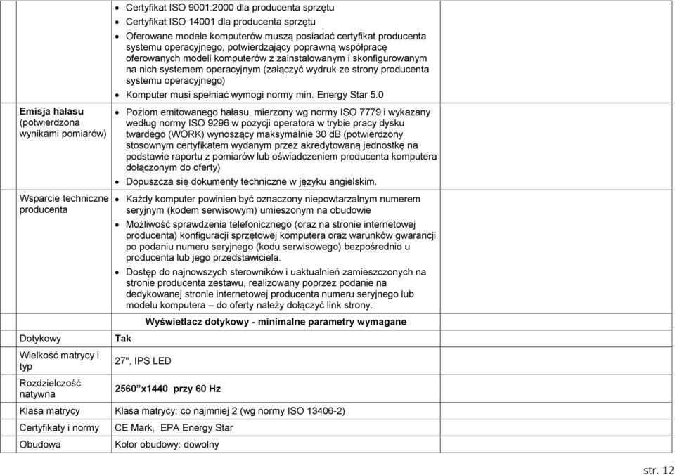 skonfigurowanym na nich systemem operacyjnym (załączyć wydruk ze strony producenta systemu operacyjnego) Komputer musi spełniać wymogi normy min. Energy Star 5.