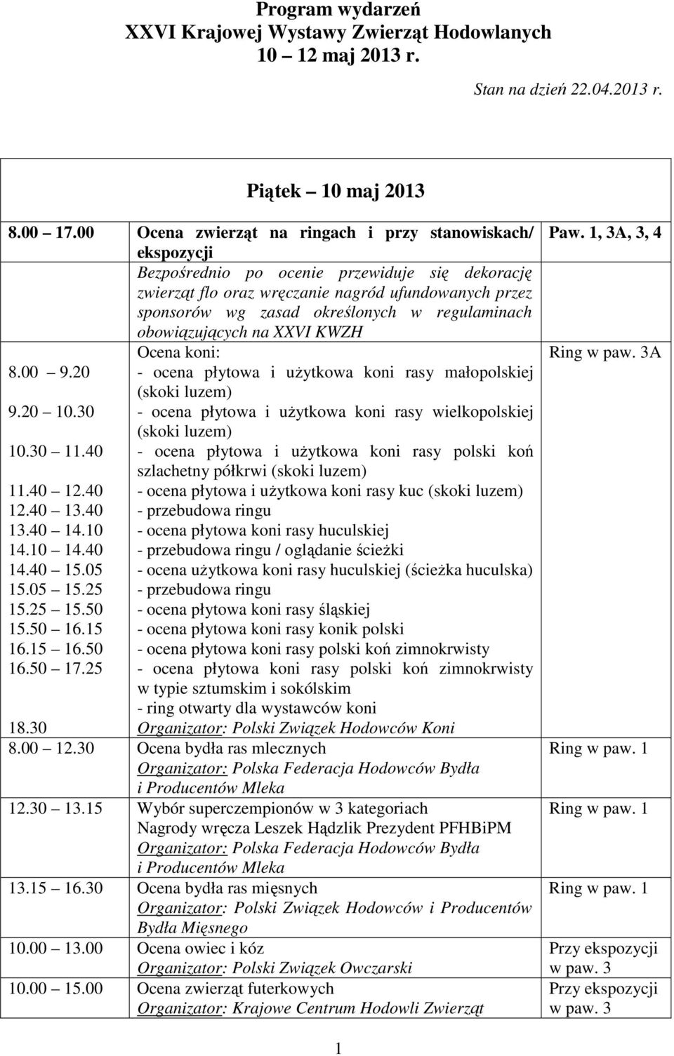 regulaminach obowiązujących na XXVI KWZH Ocena koni: 8.00 9.20 - ocena płytowa i użytkowa koni rasy małopolskiej (skoki luzem) 9.20 10.