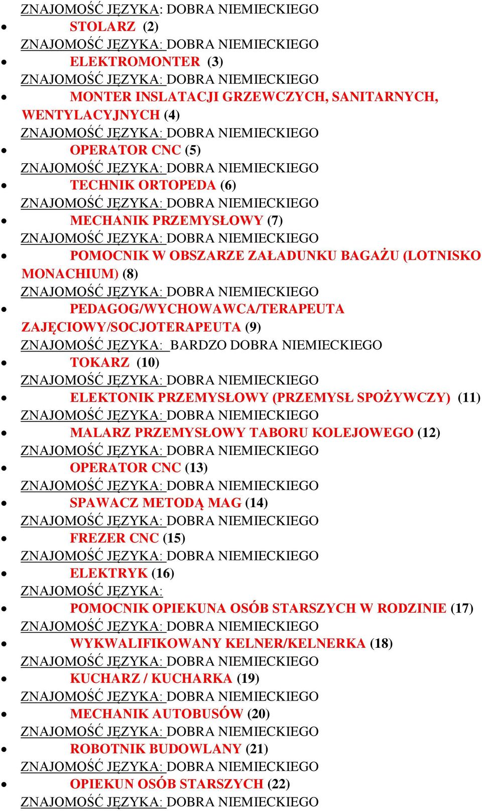 ELEKTONIK PRZEMYSŁOWY (PRZEMYSŁ SPOŻYWCZY) (11) MALARZ PRZEMYSŁOWY TABORU KOLEJOWEGO (12) OPERATOR CNC (13) SPAWACZ METODĄ MAG (14) FREZER CNC (15) ELEKTRYK (16) ZNAJOMOŚĆ