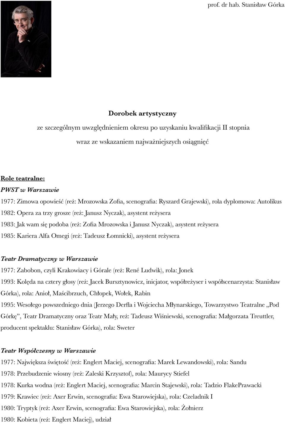 Zimowa opowieść (reż: Mrozowska Zofia, scenografia: Ryszard Grajewski), rola dyplomowa: Autolikus 1982: Opera za trzy grosze (reż: Janusz Nyczak), asystent reżysera 1983: Jak wam się podoba (reż: