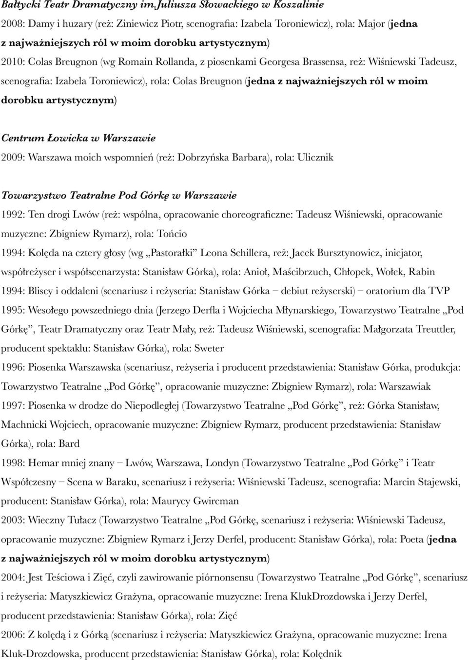 Breugnon (wg Romain Rollanda, z piosenkami Georgesa Brassensa, reż: Wiśniewski Tadeusz, scenografia: Izabela Toroniewicz), rola: Colas Breugnon (jedna z najważniejszych ról w moim dorobku