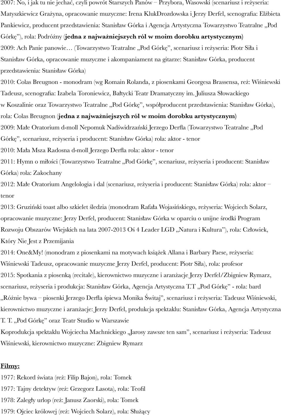 Ach Panie panowie (Towarzystwo Teatralne Pod Górkę, scenariusz i reżyseria: Piotr Siła i Stanisław Górka, opracowanie muzyczne i akompaniament na gitarze: Stanisław Górka, producent przedstawienia: