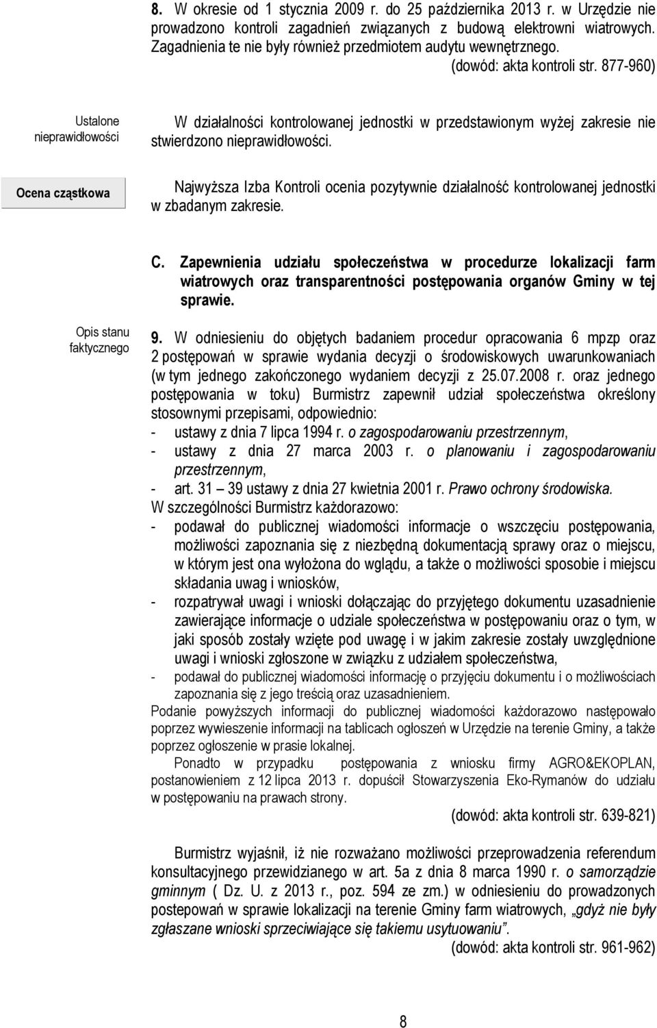 877-960) Ustalone nieprawidłowości Ocena cząstkowa W działalności kontrolowanej jednostki w przedstawionym wyżej zakresie nie stwierdzono nieprawidłowości.