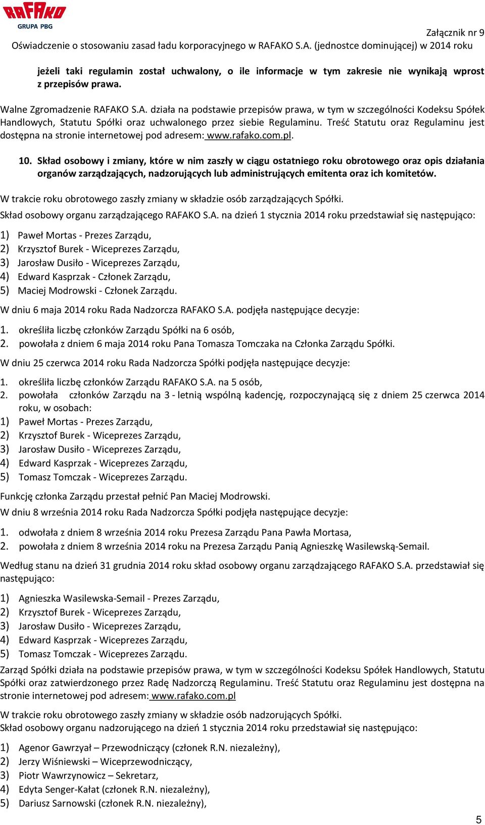 Treść Statutu oraz Regulaminu jest dostępna na stronie internetowej pod adresem: www.rafako.com.pl. 10.