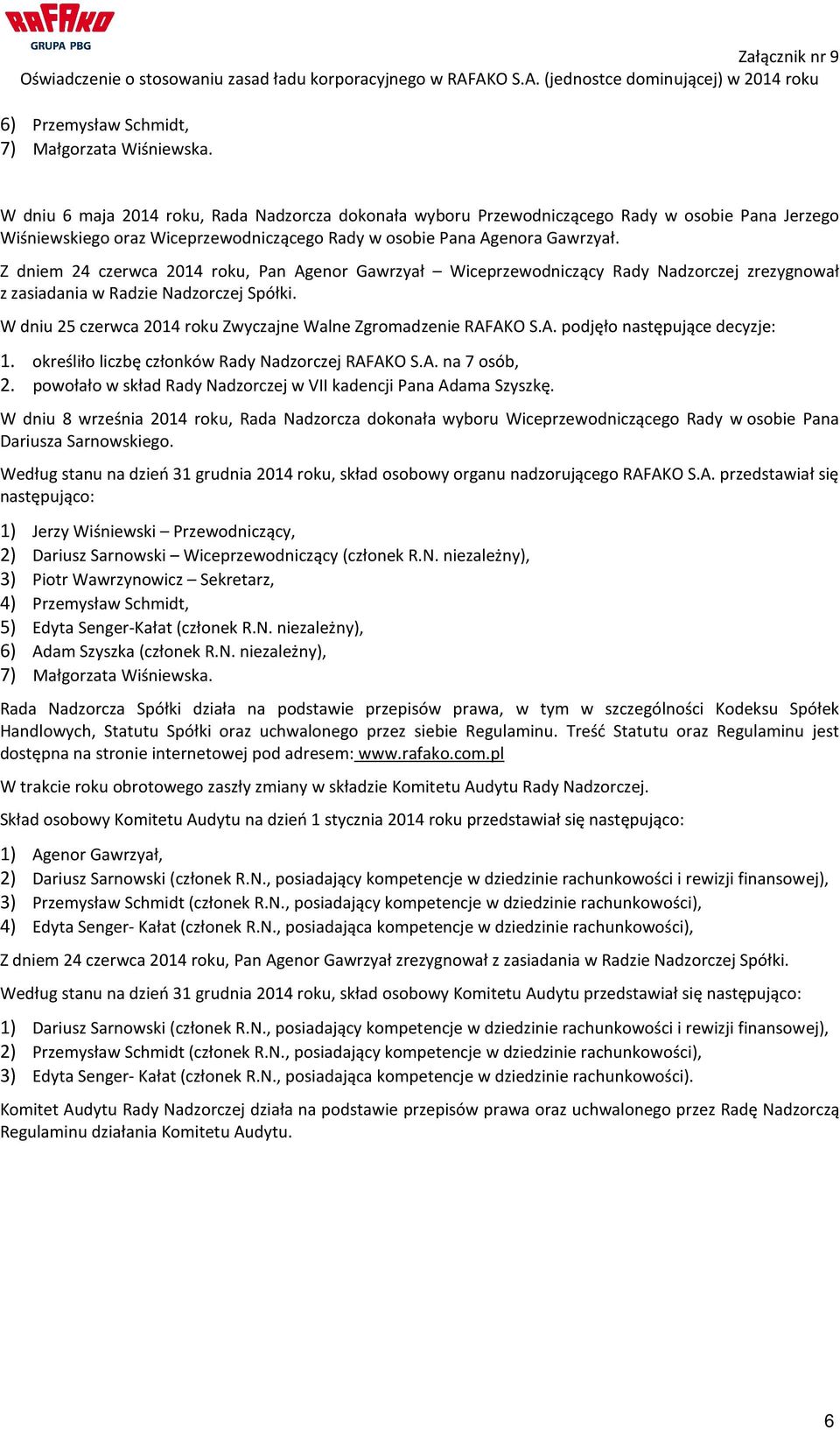 Z dniem 24 czerwca 2014 roku, Pan Agenor Gawrzyał Wiceprzewodniczący Rady Nadzorczej zrezygnował z zasiadania w Radzie Nadzorczej Spółki.