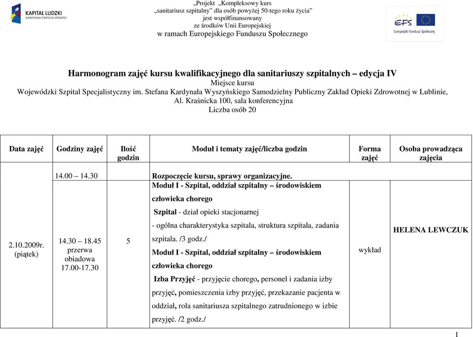 Kraśnicka 100, sala konferencyjna Liczba osób 20 Data zajęć Godziny zajęć Ilość godzin Moduł i tematy zajęć/liczba godzin Forma zajęć Osoba prowadząca zajęcia 14.00 14.