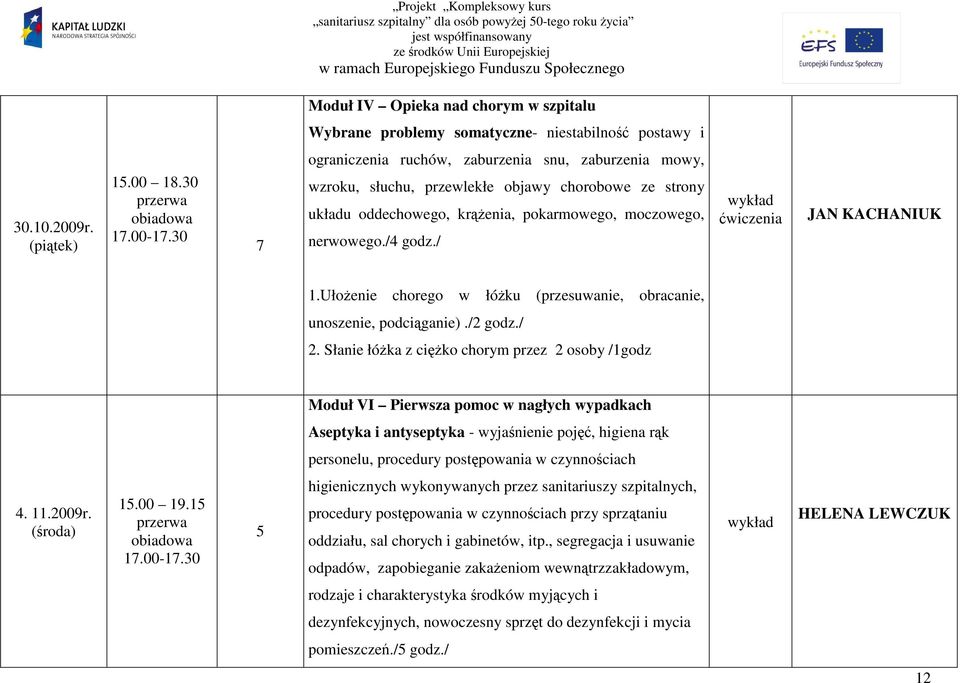 / ćwiczenia JAN KACHANIUK 1.UłoŜenie chorego w łóŝku (przesuwanie, obracanie, unoszenie, podciąganie)./2 godz./ 2.