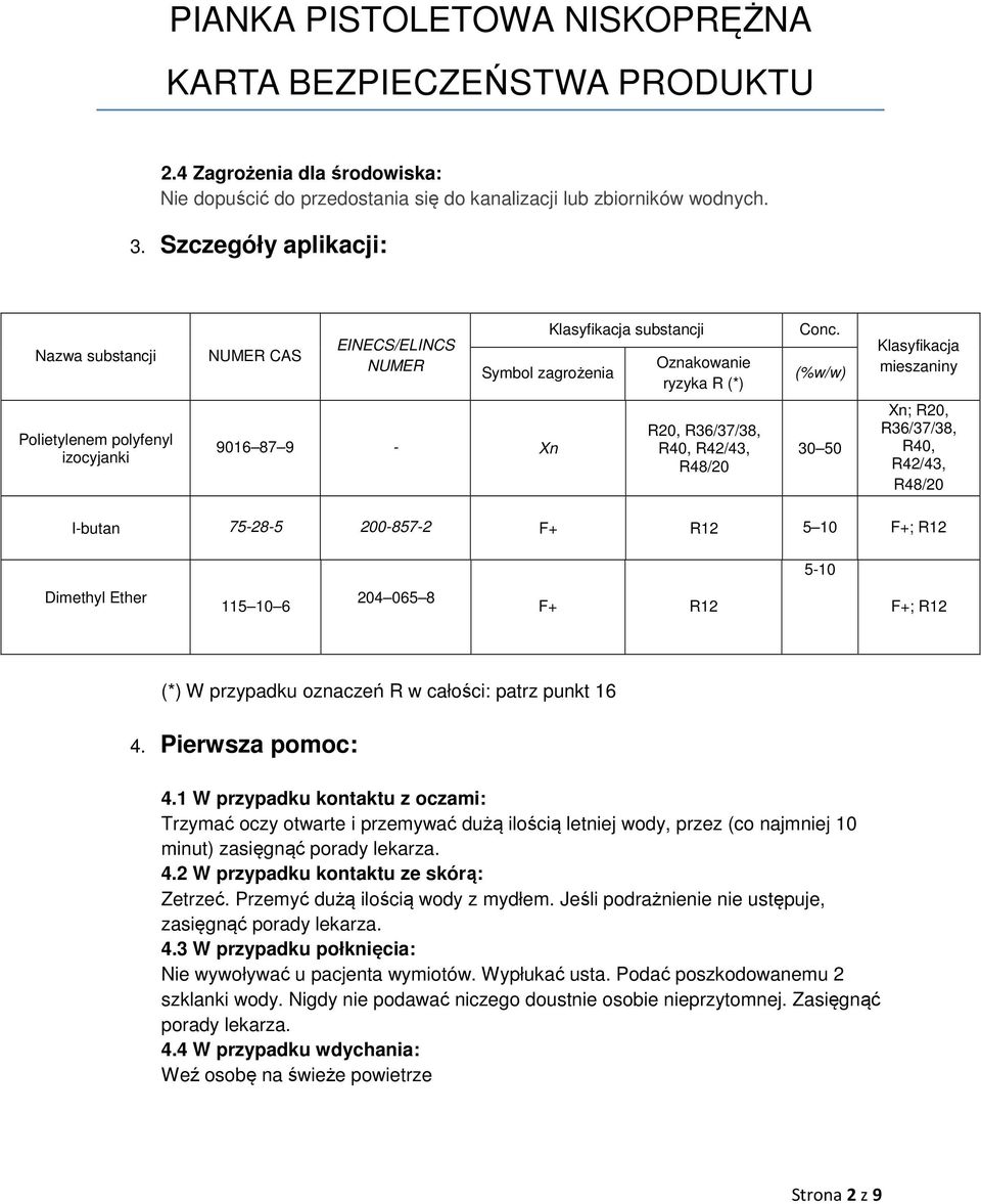 (%w/w) Klasyfikacja mieszaniny Polietylenem polyfenyl izocyjanki 9016 87 9 - Xn R20, R36/37/38, R40, R42/43, R48/20 30 50 Xn; R20, R36/37/38, R40, R42/43, R48/20 I-butan 75-28-5 200-857-2 F+ R12 5 10