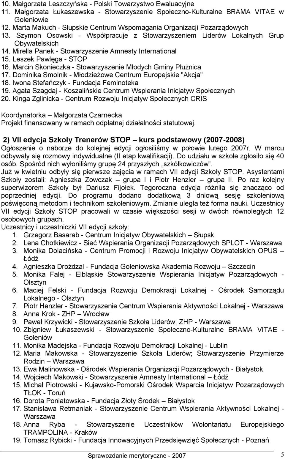 Mirella Panek - Stowarzyszenie Amnesty International 15. Leszek Pawlęga - STOP 16. Marcin Skonieczka - Stowarzyszenie Młodych Gminy Płużnica 17.