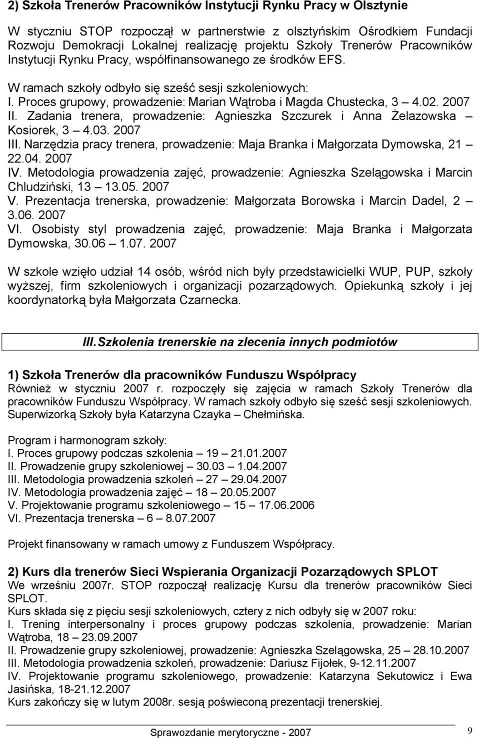 Proces grupowy, prowadzenie: Marian Wątroba i Magda Chustecka, 3 4.02. 2007 II. Zadania trenera, prowadzenie: Agnieszka Szczurek i Anna Żelazowska Kosiorek, 3 4.03. 2007 III.
