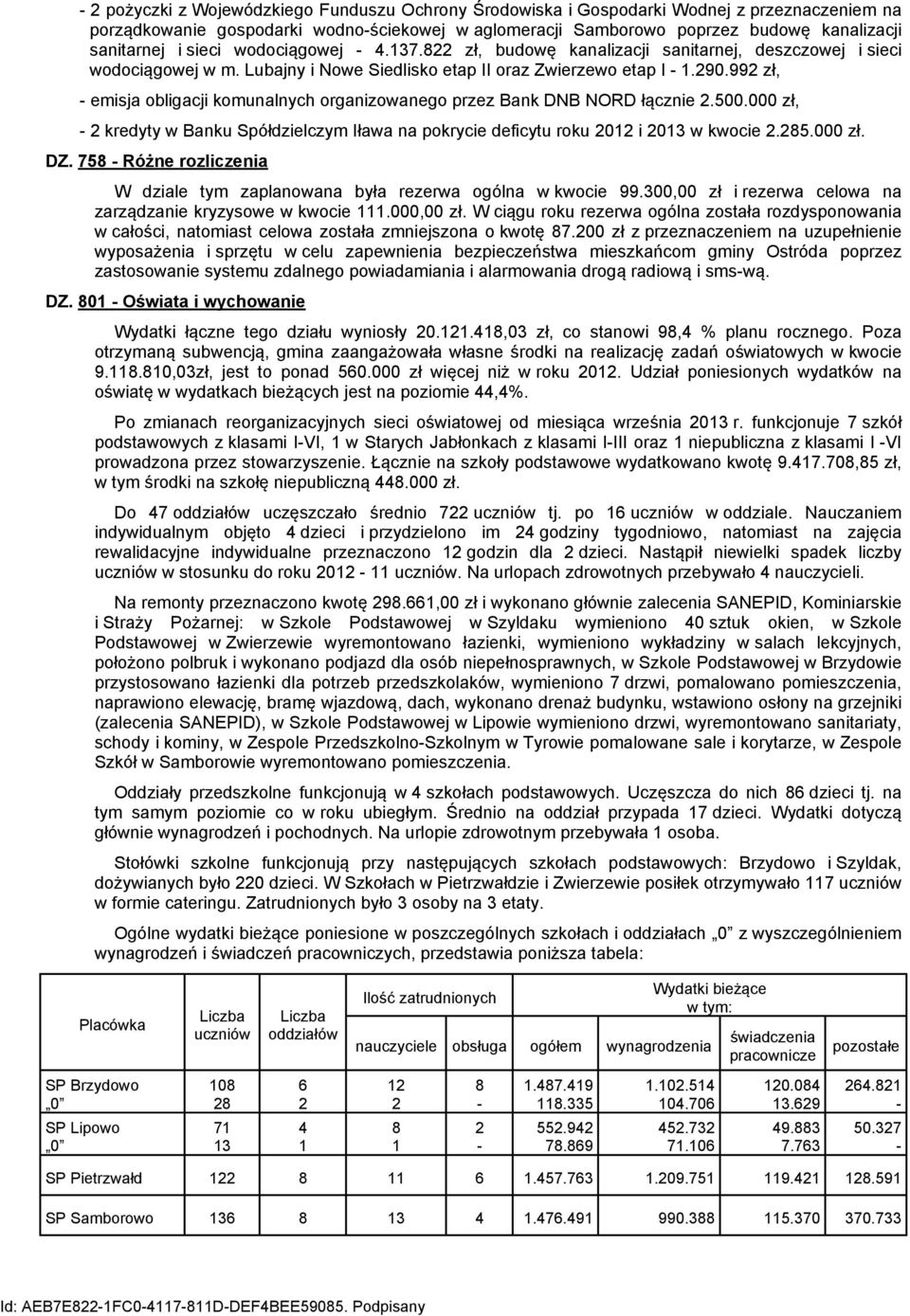 992 zł, - emisja obligacji komunalnych organizowanego przez Bank DNB NORD łącznie 2.500.000 zł, - 2 kredyty w Banku Spółdzielczym Iława na pokrycie deficytu roku 2012 i 2013 w kwocie 2.285.000 zł. DZ.