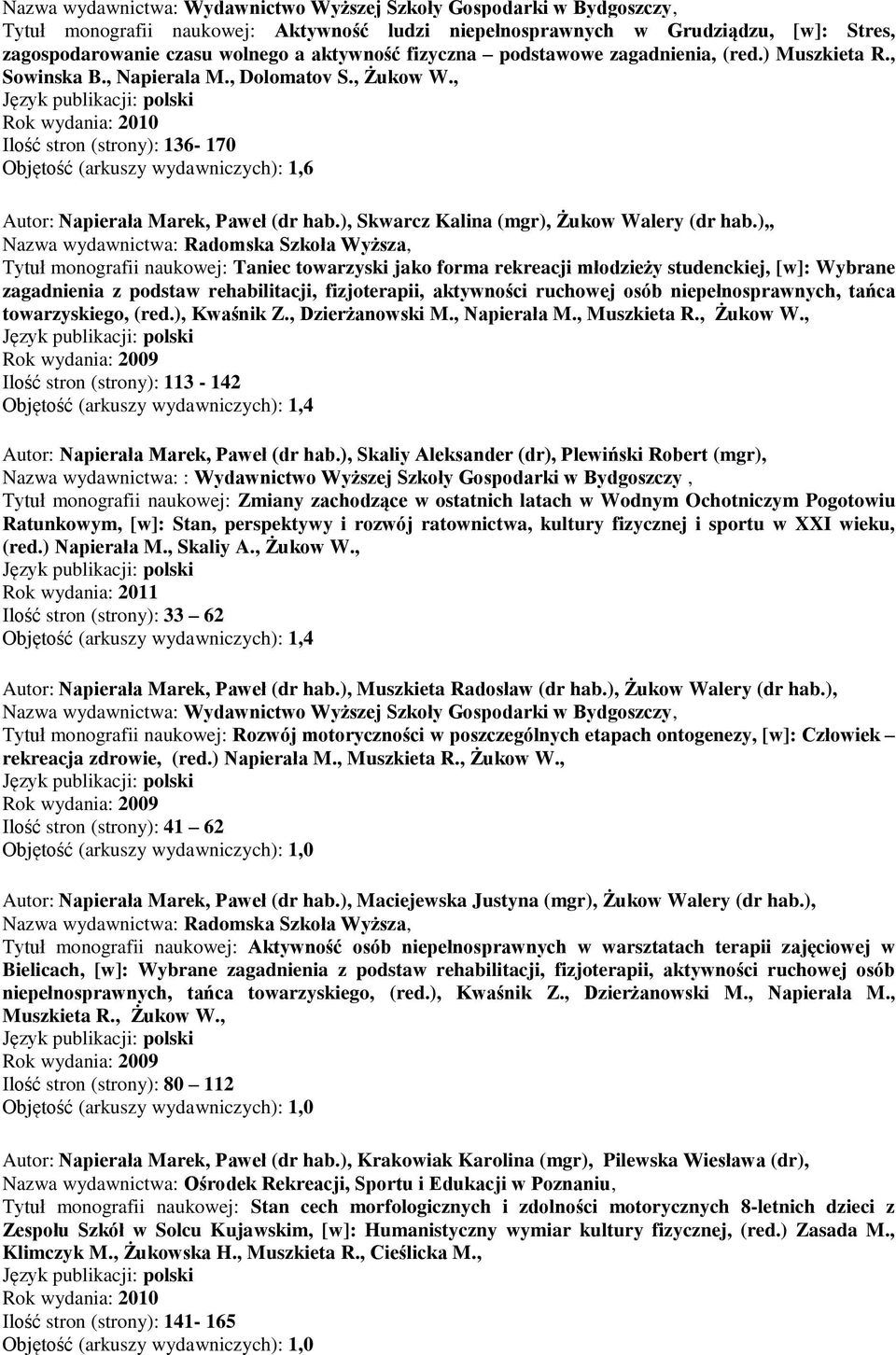 ), Skwarcz Kalina (mgr), Żukow, Nazwa wydawnictwa: Radomska Szkoła Wyższa, Tytuł monografii naukowej: Taniec towarzyski jako forma rekreacji młodzieży studenckiej, [w]: Wybrane zagadnienia z podstaw