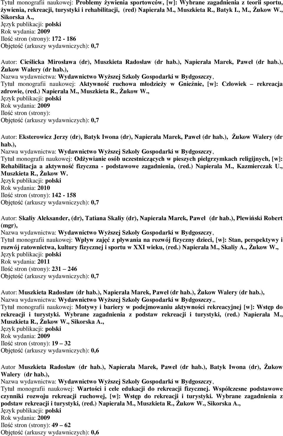), Żukow Tytuł monografii naukowej: Aktywność ruchowa młodzieży w Gnieźnie, [w]: Człowiek rekreacja zdrowie, (red.) Napierała M., Muszkieta R., Żukow W.