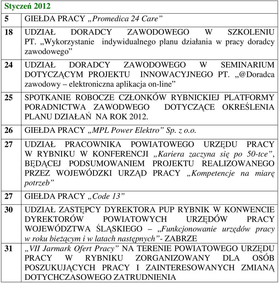 @Doradca zawodowy elektroniczna aplikacja on-line 25 SPOTKANIE ROBOCZE CZŁONKÓW RYBNICKIEJ PLATFORMY PORADNICTWA ZAWODWEGO DOTYCZĄCE OKREŚLENIA PLANU DZIAŁAŃ NA ROK 2012.