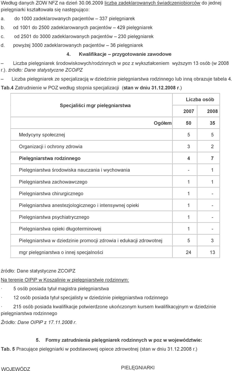 Kwalifikacje przygotowanie zawodowe pielęgniarek środowiskowych/rodzinnych w poz z wykształceniem wyższym 13 osób (w 2008 r.).