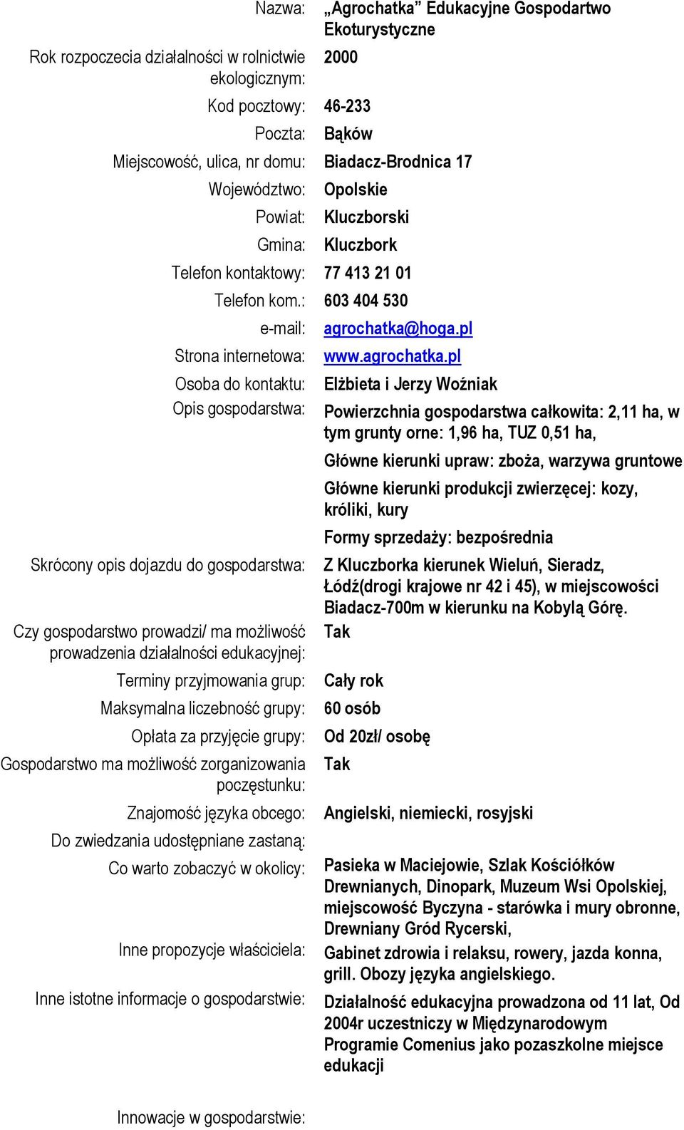 : 603 404 530 e-mail: Strona internetowa: Osoba do kontaktu: Opis gospodarstwa: Skrócony opis dojazdu do gospodarstwa: Czy gospodarstwo prowadzi/ ma możliwość prowadzenia działalności edukacyjnej: