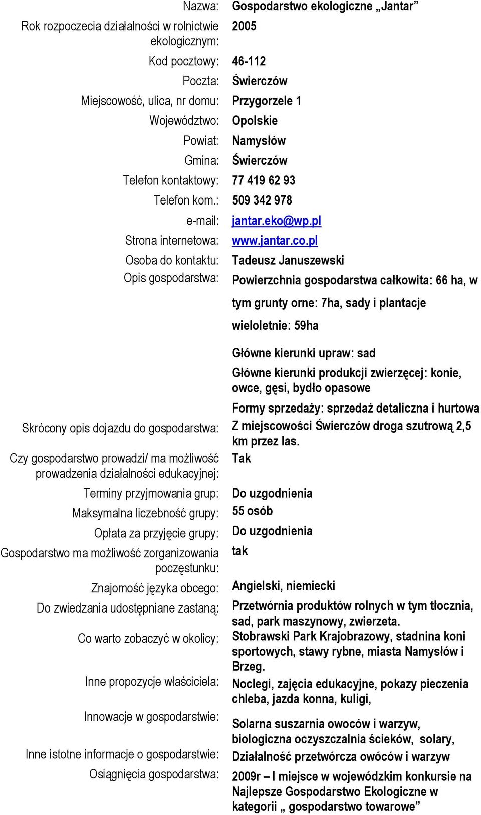 pl Tadeusz Januszewski Powierzchnia gospodarstwa całkowita: 66 ha, w tym grunty orne: 7ha, sady i plantacje wieloletnie: 59ha Główne kierunki upraw: sad Główne kierunki produkcji zwierzęcej: konie,