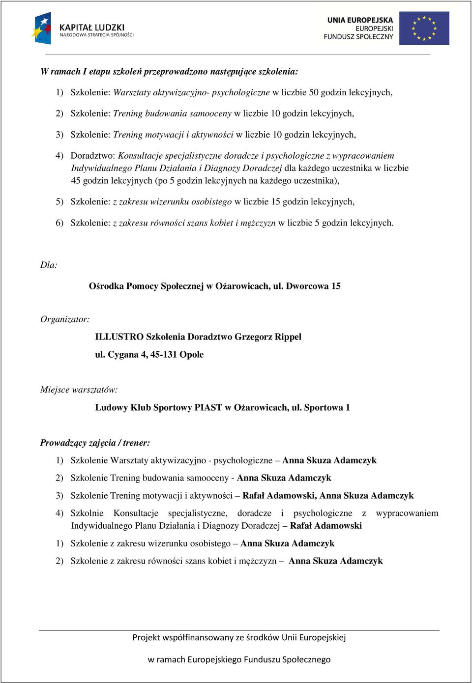 Indywidualnego Planu Działania i Diagnozy Doradczej dla każdego uczestnika w liczbie 45 godzin lekcyjnych (po 5 godzin lekcyjnych na każdego uczestnika), 5) Szkolenie: z zakresu wizerunku osobistego