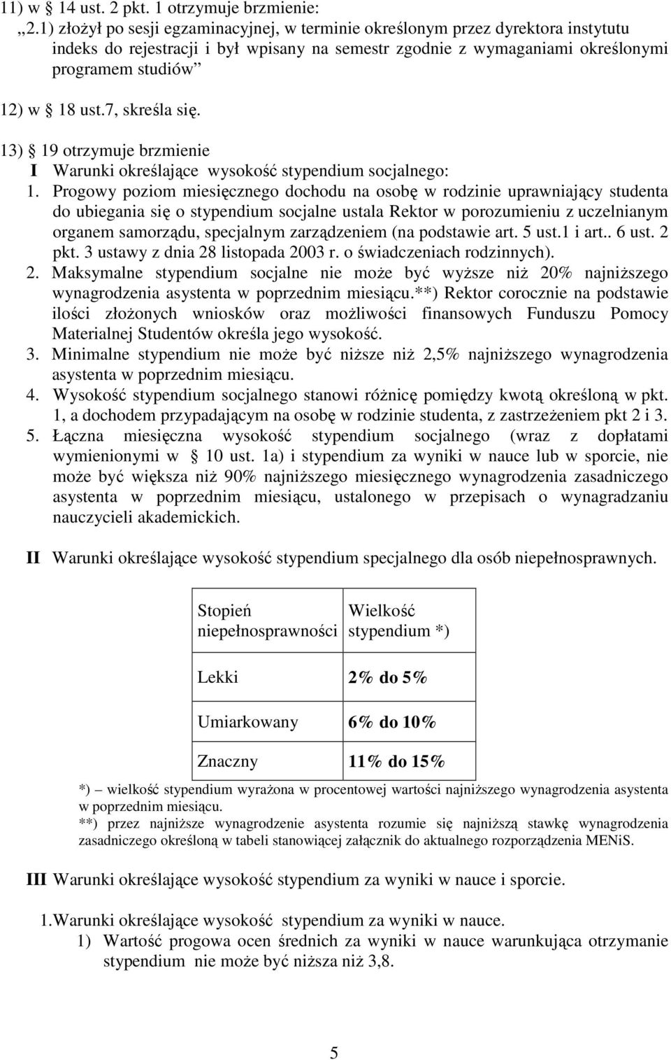 7, skreśla się. 13) 19 otrzymuje brzmienie I Warunki określające wysokość stypendium socjalnego: 1.