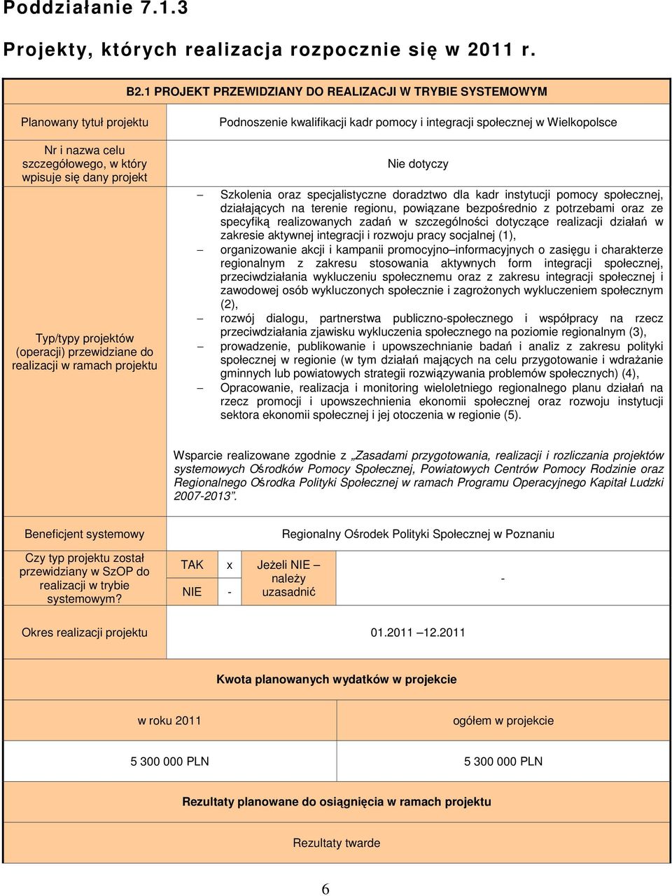 realizacji w ramach projektu Podnoszenie kwalifikacji kadr pomocy i integracji społecznej w Wielkopolsce Nie dotyczy Szkolenia oraz specjalistyczne doradztwo dla kadr instytucji pomocy społecznej,