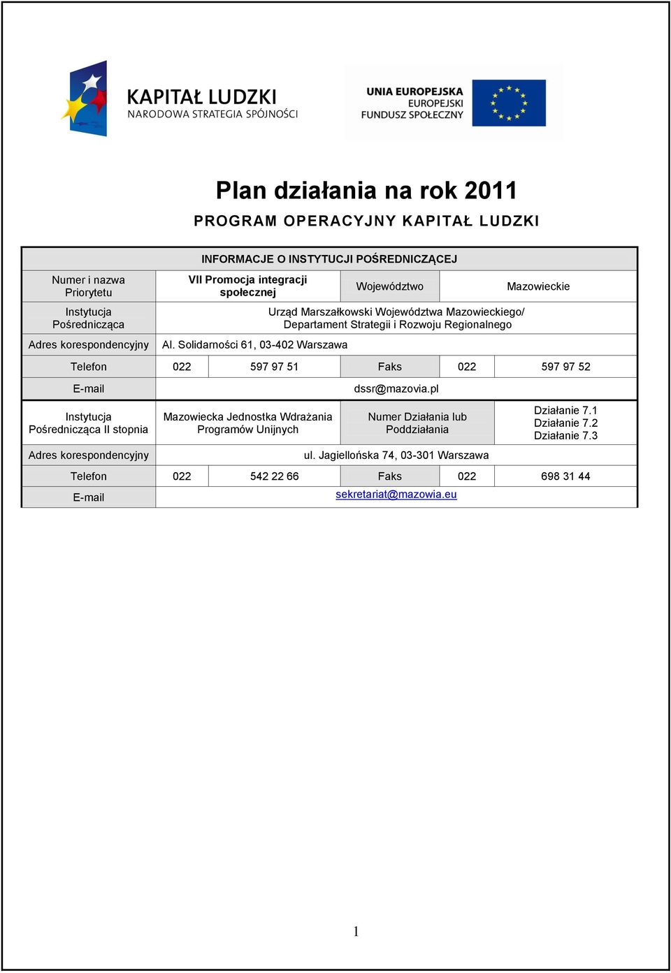 Solidarności 61, 03-402 Warszawa Województwo Urząd Marszałkowski Województwa Mazowieckiego/ Departament Strategii i Rozwoju Regionalnego Mazowieckie Telefon 022 597 97 51 Faks 022