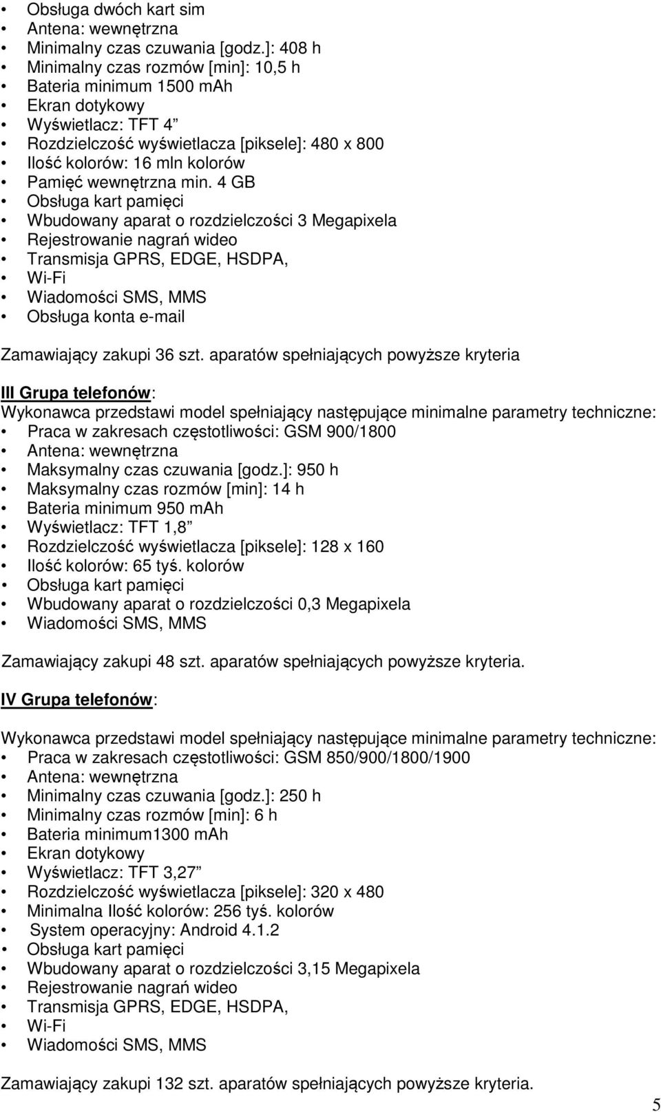 min. 4 GB Wbudowany aparat o rozdzielczości 3 Megapixela Rejestrowanie nagrań wideo Transmisja GPRS, EDGE, HSDPA, Wi-Fi Obsługa konta e-mail Zamawiający zakupi 36 szt.