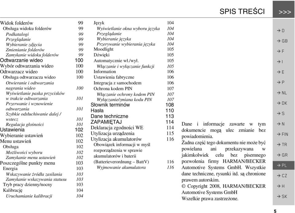 odtwarzania 101 Szybkie odsłuchiwanie dalej / wstecz 101 Regulacja głośności 101 Ustawienia 102 Wybieranie ustawień 102 Menu ustawień 102 Obsługa 102 Możliwości wyboru 102 Zamykanie menu ustawień 102