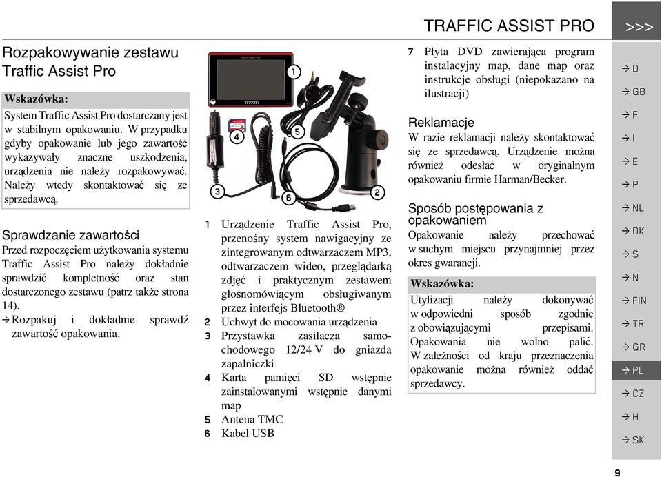 Sprawdzanie zawartości Przed rozpoczęciem użytkowania systemu Traffic Assist Pro należy dokładnie sprawdzić kompletność oraz stan dostarczonego zestawu (patrz także strona 14).