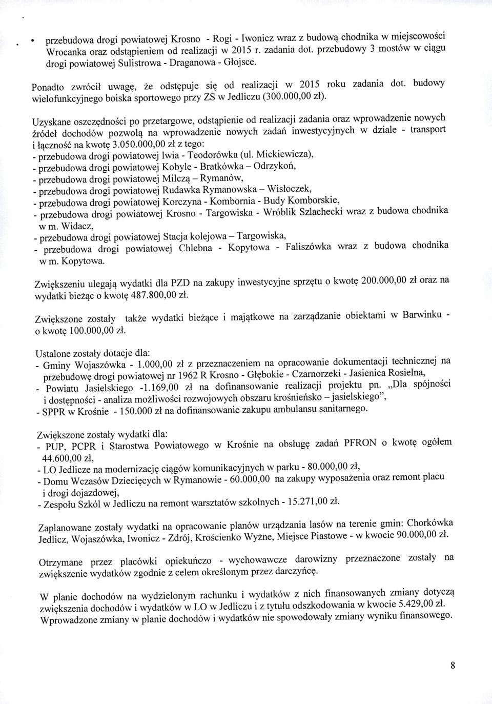 budowy wielofunkcyjnego boiska sportowego przy ZS w Jedliczu (300.000,00 zł).