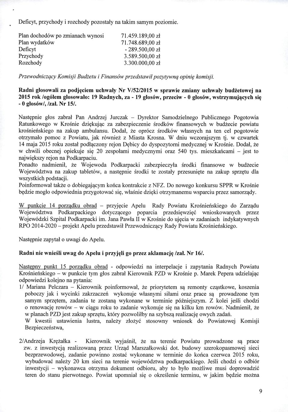 Radni głosowali za podjęciem uchwały Nr V/52/2015 w sprawie zmiany uchwały budżetowej na 2015 rok /ogółem głosowało: 19 Radnych, za - 19 głosów, przeciw - O głosów, wstrzymujących się - O głosów/,