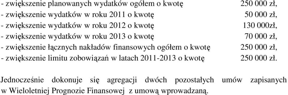 łącznych nakładów finansowych ogółem o kwotę 250 000 zł, - zwiększenie limitu zobowiązań w latach 2011-2013 o kwotę 250