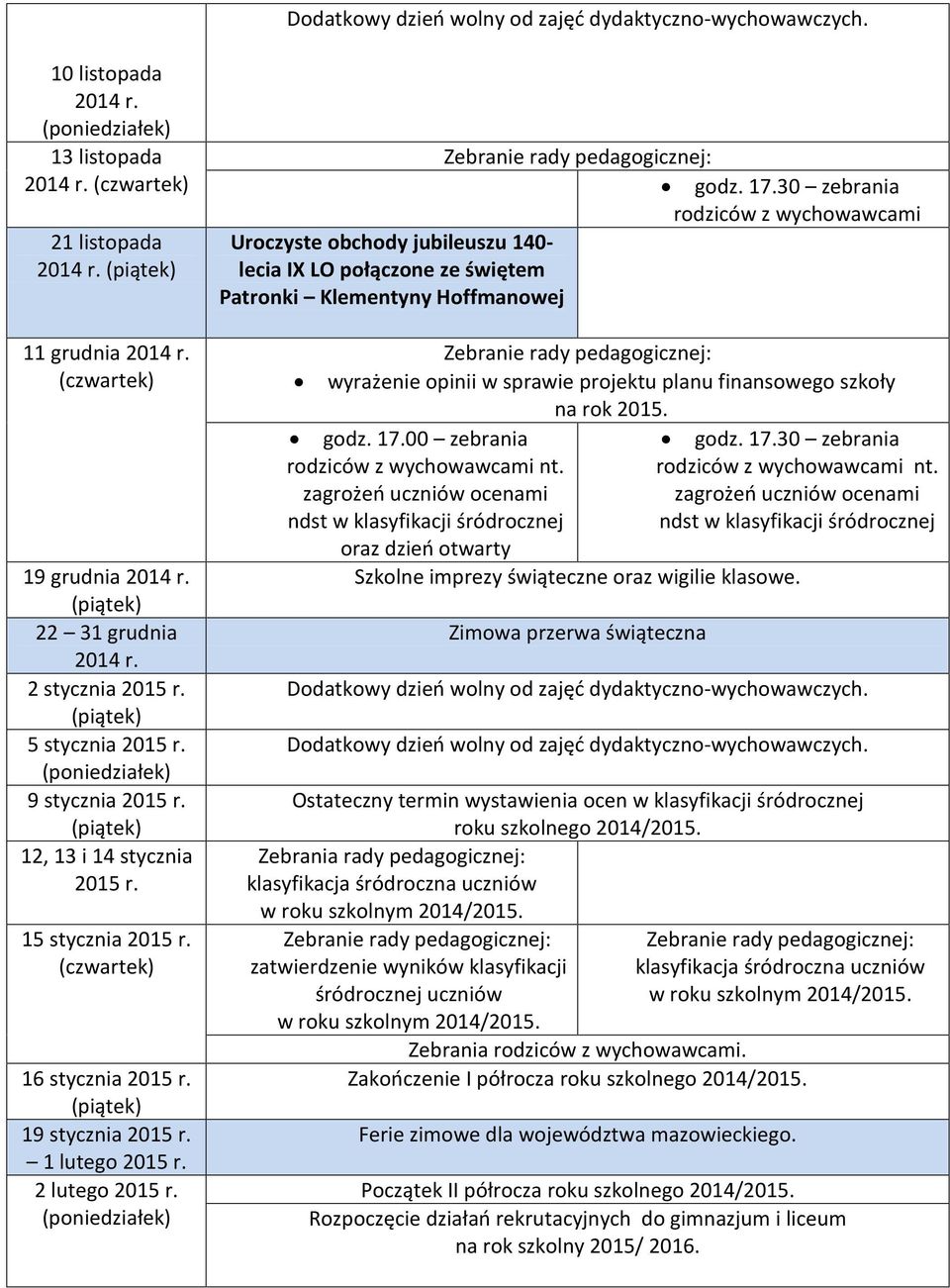 Zebranie rady pedagogicznej: Uroczyste obchody jubileuszu 140- lecia IX LO połączone ze świętem Patronki Klementyny Hoffmanowej Zebranie rady pedagogicznej: wyrażenie opinii w sprawie projektu planu