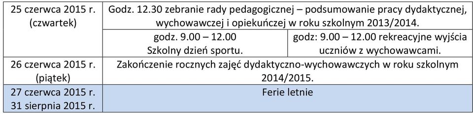 szkolnym 2013/2014. godz. 9.00 12.00 godz: 9.00 12.00 rekreacyjne wyjścia Szkolny dzień sportu.