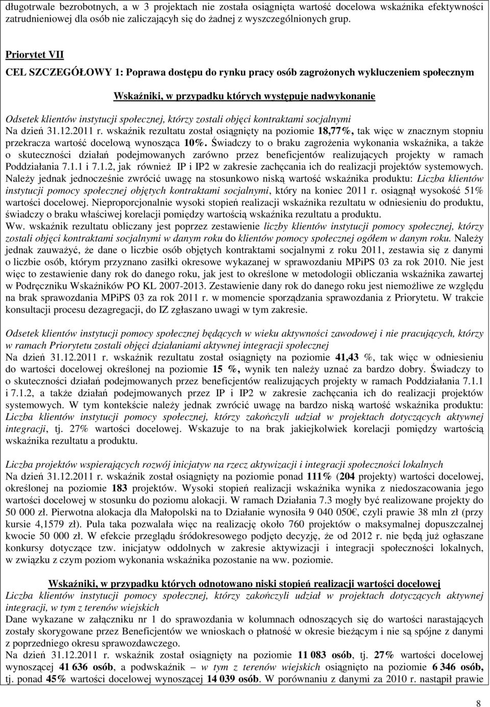 którzy zostali objęci kontraktami socjalnymi Na dzień 31.12.2011 r. wskaźnik rezultatu został osiągnięty na poziomie 18,77%, tak więc w znacznym stopniu przekracza wartość docelową wynosząca 10%.