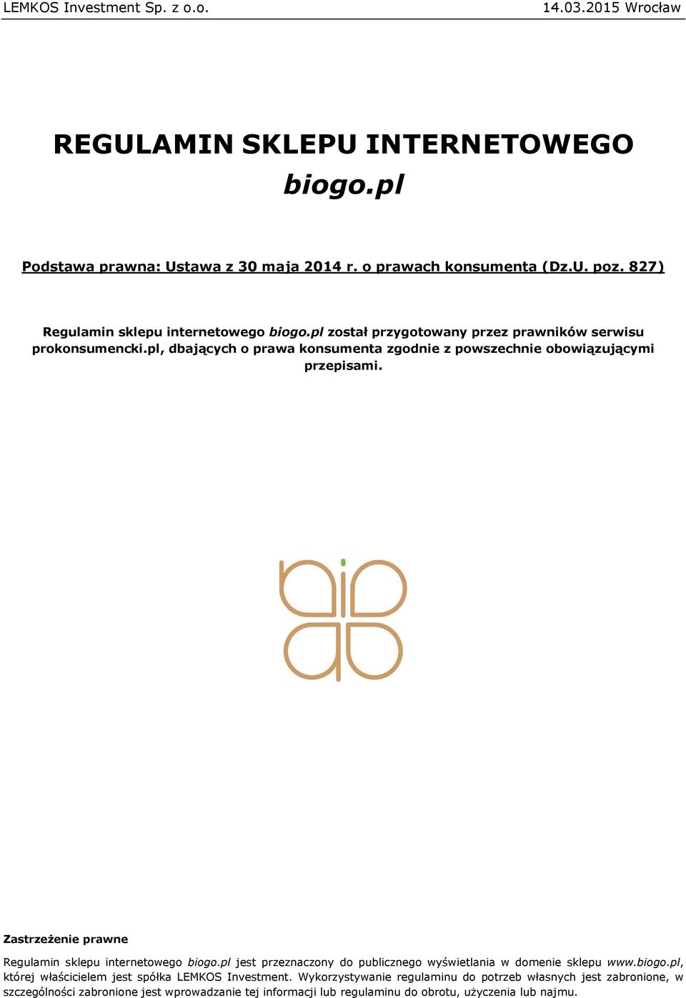 827) Regulamin sklepu internetowego biogo.