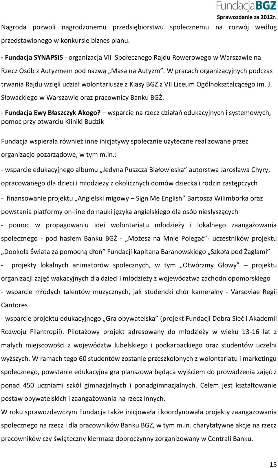 W pracach organizacyjnych podczas trwania Rajdu wzięli udział wolontariusze z Klasy BGŻ z VII Liceum Ogólnokształcącego im. J. Słowackiego w Warszawie oraz pracownicy Banku BGŻ.