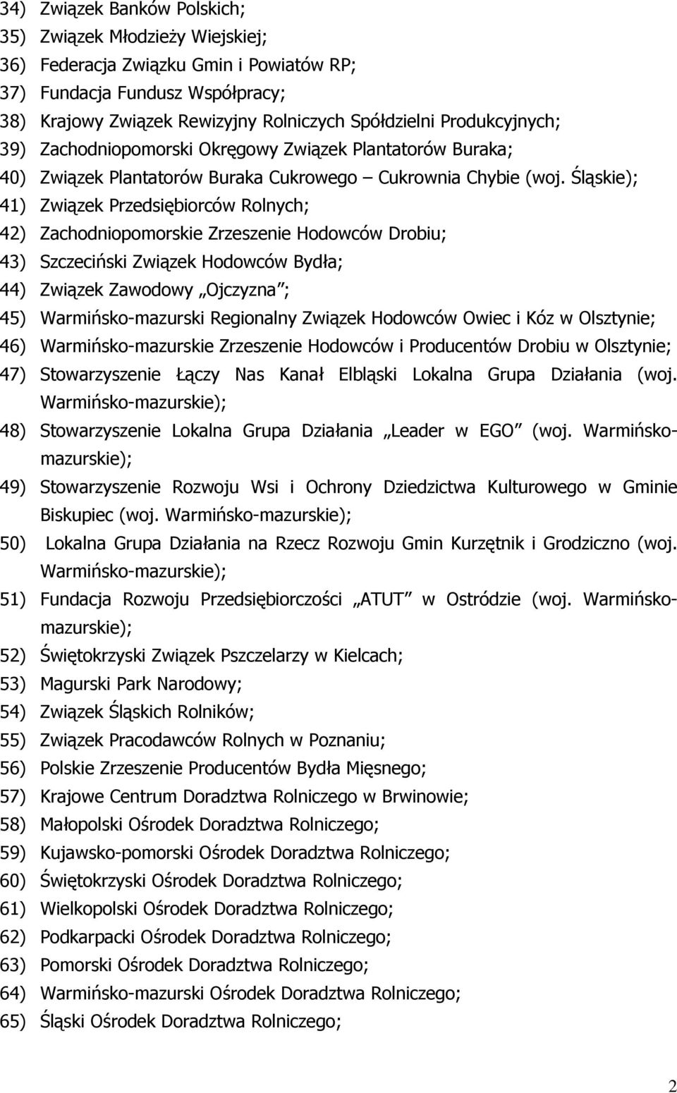 Śląskie); 41) Związek Przedsiębiorców Rolnych; 42) Zachodniopomorskie Zrzeszenie Hodowców Drobiu; 43) Szczeciński Związek Hodowców Bydła; 44) Związek Zawodowy Ojczyzna ; 45) Warmińsko-mazurski