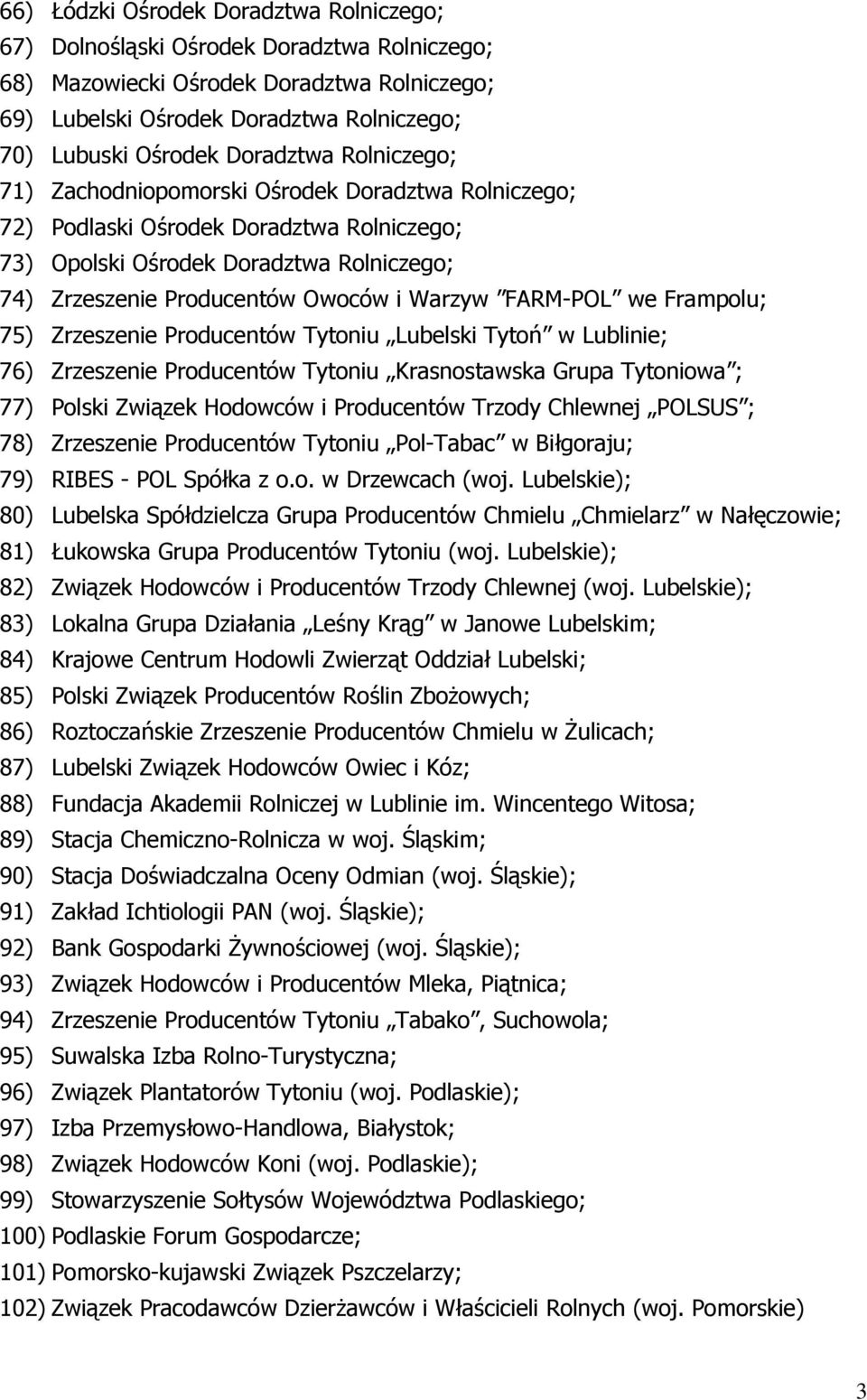 Warzyw FARM-POL we Frampolu; 75) Zrzeszenie Producentów Tytoniu Lubelski Tytoń w Lublinie; 76) Zrzeszenie Producentów Tytoniu Krasnostawska Grupa Tytoniowa ; 77) Polski Związek Hodowców i Producentów