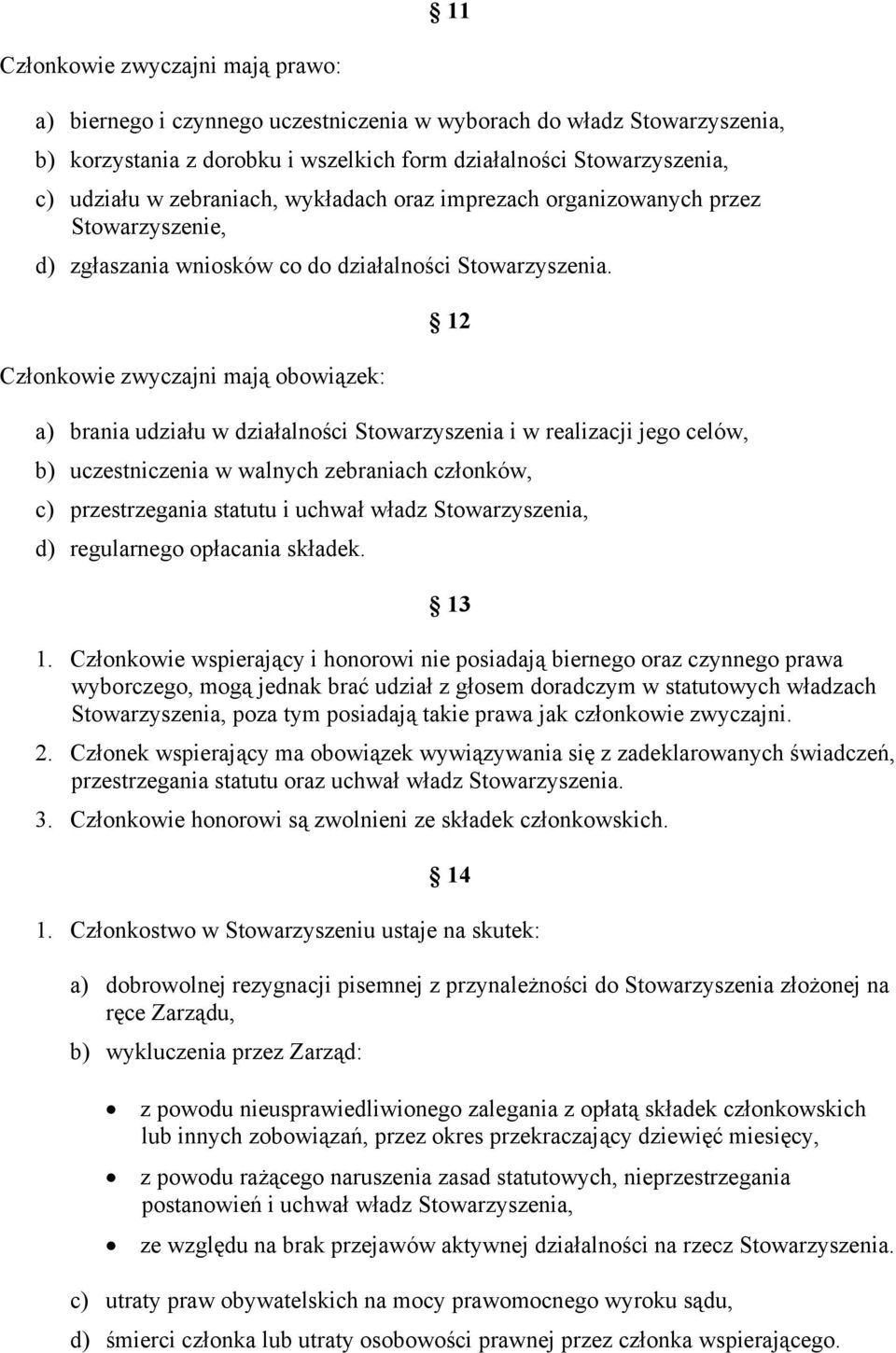 Członkowie zwyczajni mają obowiązek: 12 a) brania udziału w działalności Stowarzyszenia i w realizacji jego celów, b) uczestniczenia w walnych zebraniach członków, c) przestrzegania statutu i uchwał