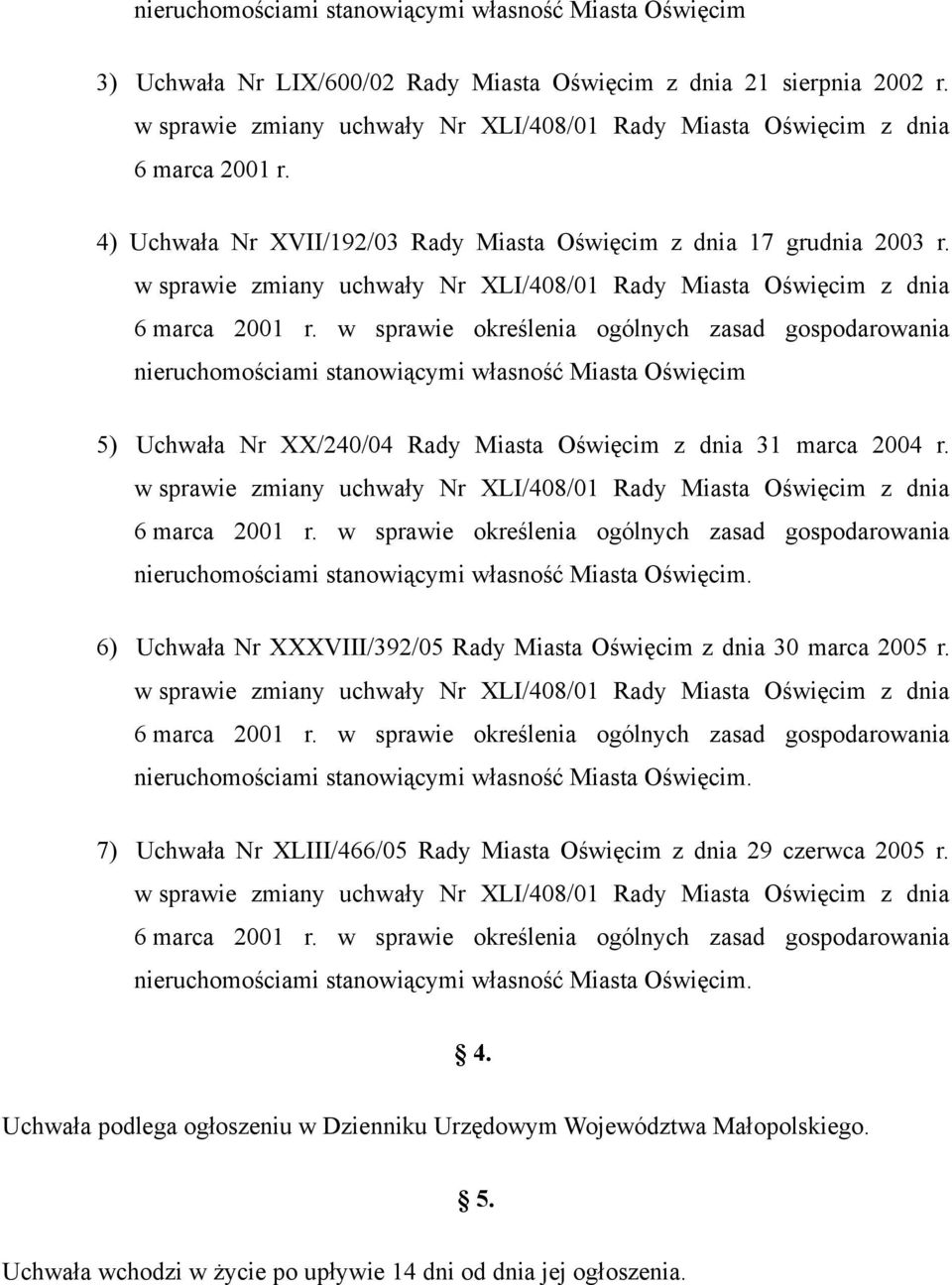 w sprawie zmiany uchwały Nr XLI/408/01 Rady Miasta Oświęcim z dnia 6 marca 2001 r.