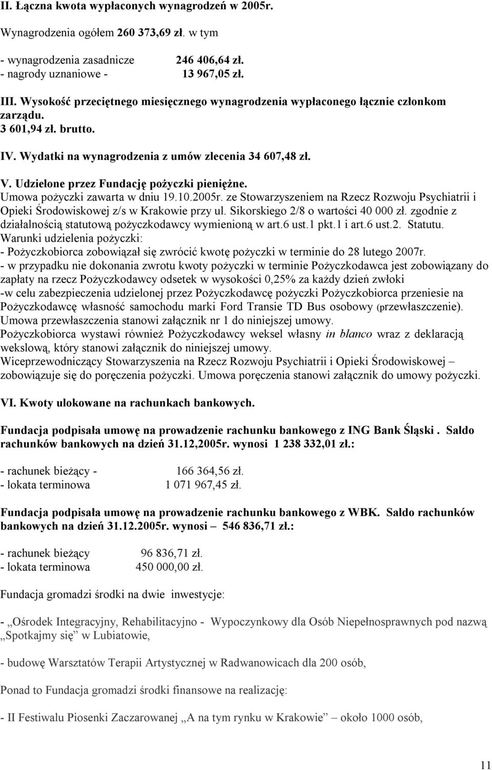 Udzielone przez Fundację pożyczki pieniężne. Umowa pożyczki zawarta w dniu 19.10.2005r. ze Stowarzyszeniem na Rzecz Rozwoju Psychiatrii i Opieki Środowiskowej z/s w Krakowie przy ul.
