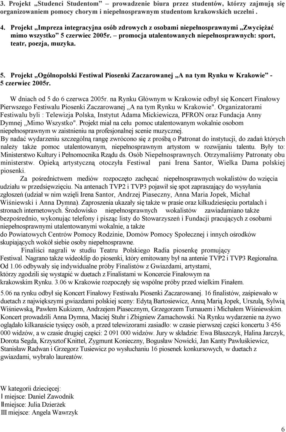 W dniach od 5 do 6 czerwca 2005r. na Rynku Głównym w Krakowie odbył się Koncert Finałowy Pierwszego Festiwalu Piosenki Zaczarowanej A na tym Rynku w Krakowie".