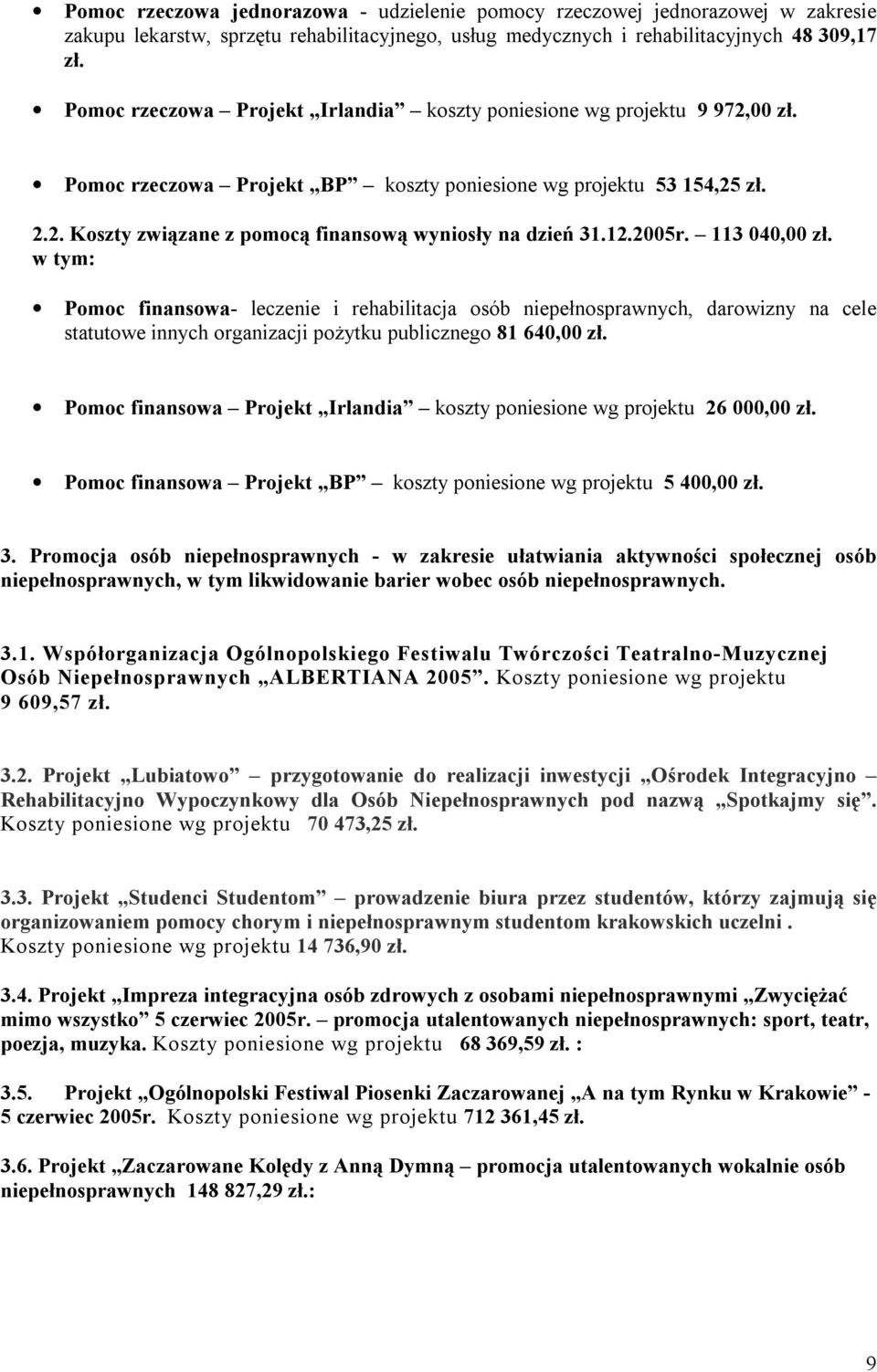12.2005r. 113 040,00 zł. w tym: Pomoc finansowa- leczenie i rehabilitacja osób niepełnosprawnych, darowizny na cele statutowe innych organizacji pożytku publicznego 81 640,00 zł.