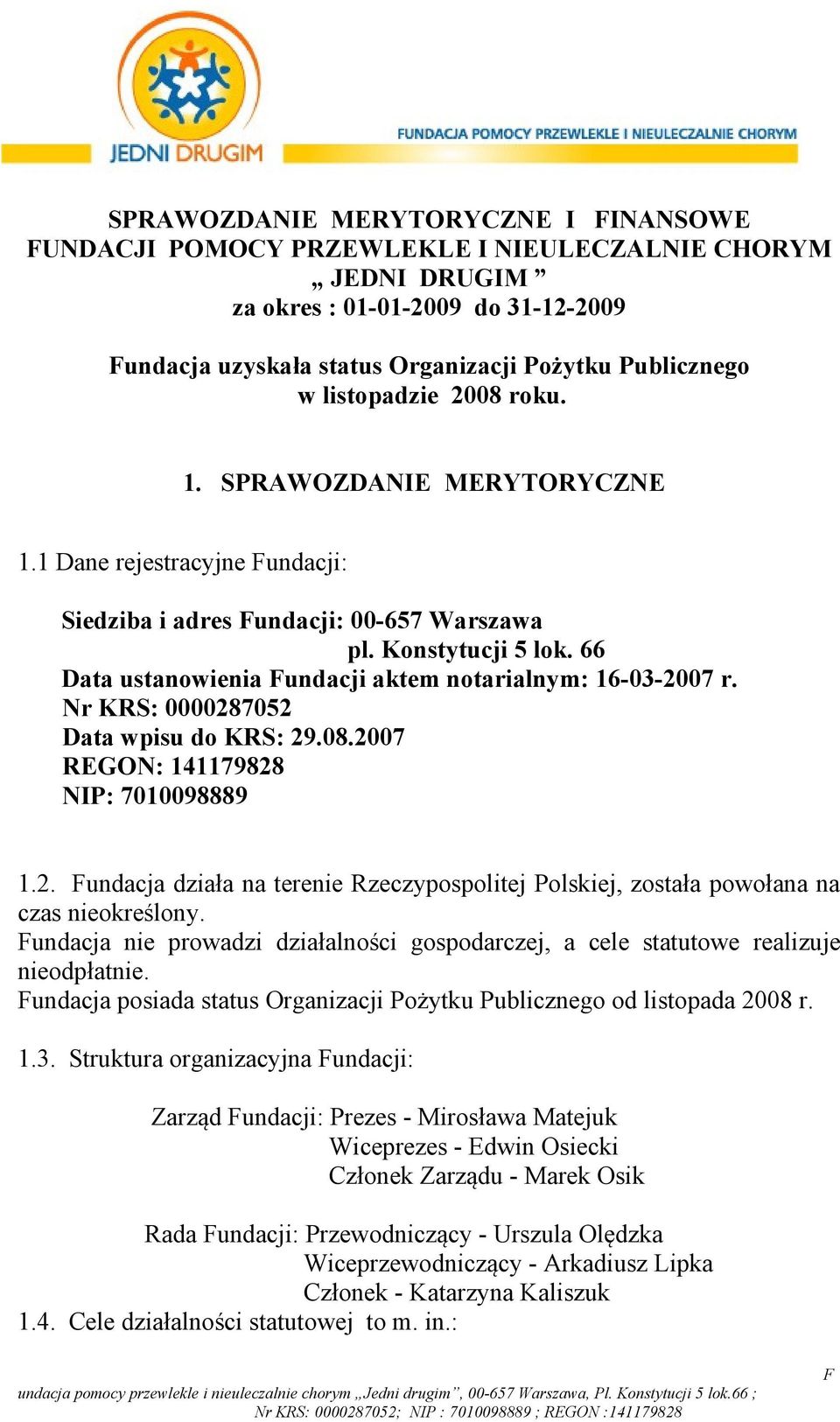 66 Data ustanowienia undacji aktem notarialnym: 16-03-2007 r. Nr KRS: 0000287052 Data wpisu do KRS: 29.08.2007 REGON: 141179828 NIP: 7010098889 1.2. undacja działa na terenie Rzeczypospolitej Polskiej, została powołana na czas nieokreślony.