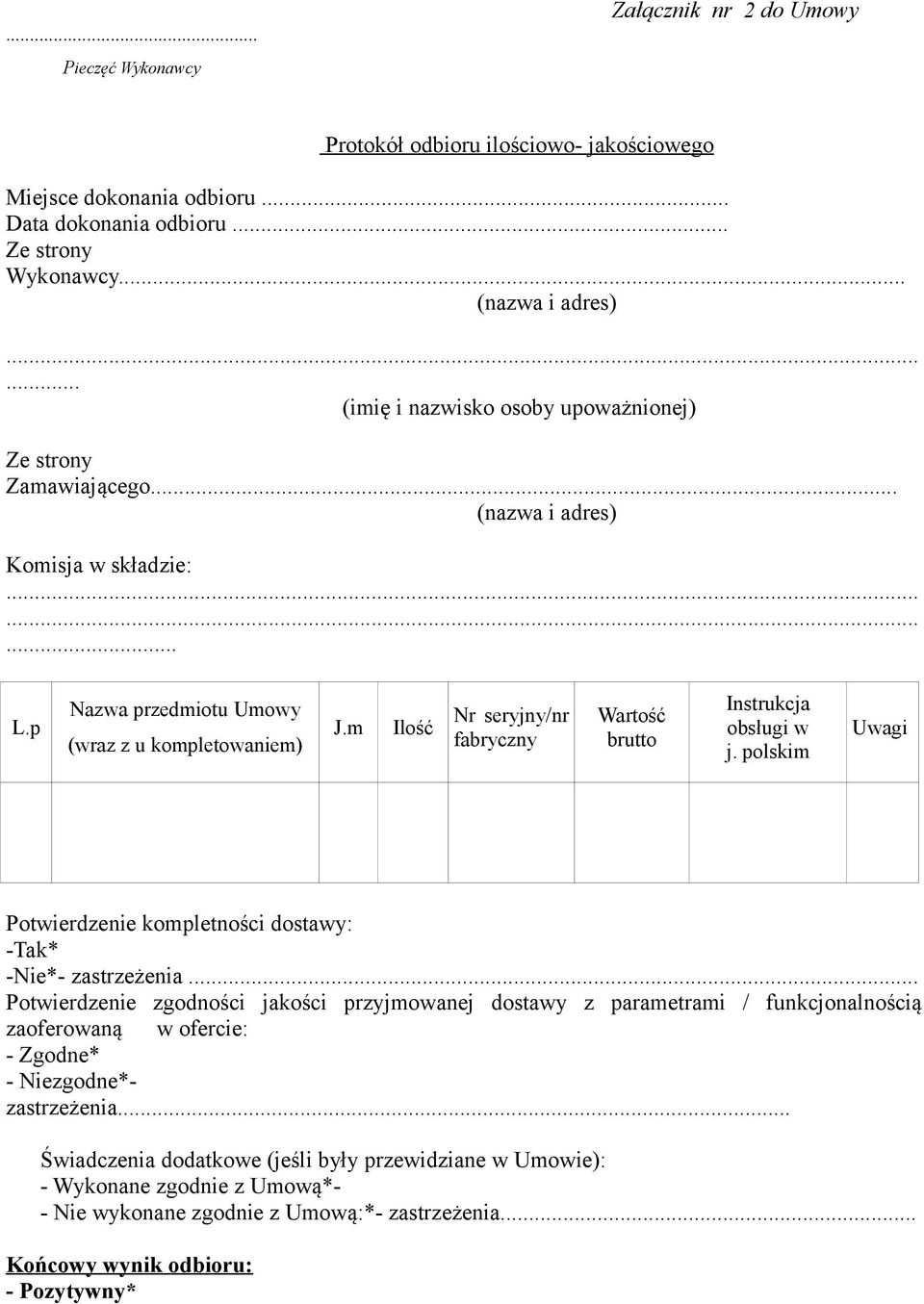 m Ilość Nr seryjny/nr fabryczny Wartość brutto Instrukcja obsługi w j. polskim Uwagi Potwierdzenie kompletności dostawy: -Tak* -Nie*- zastrzeżenia.