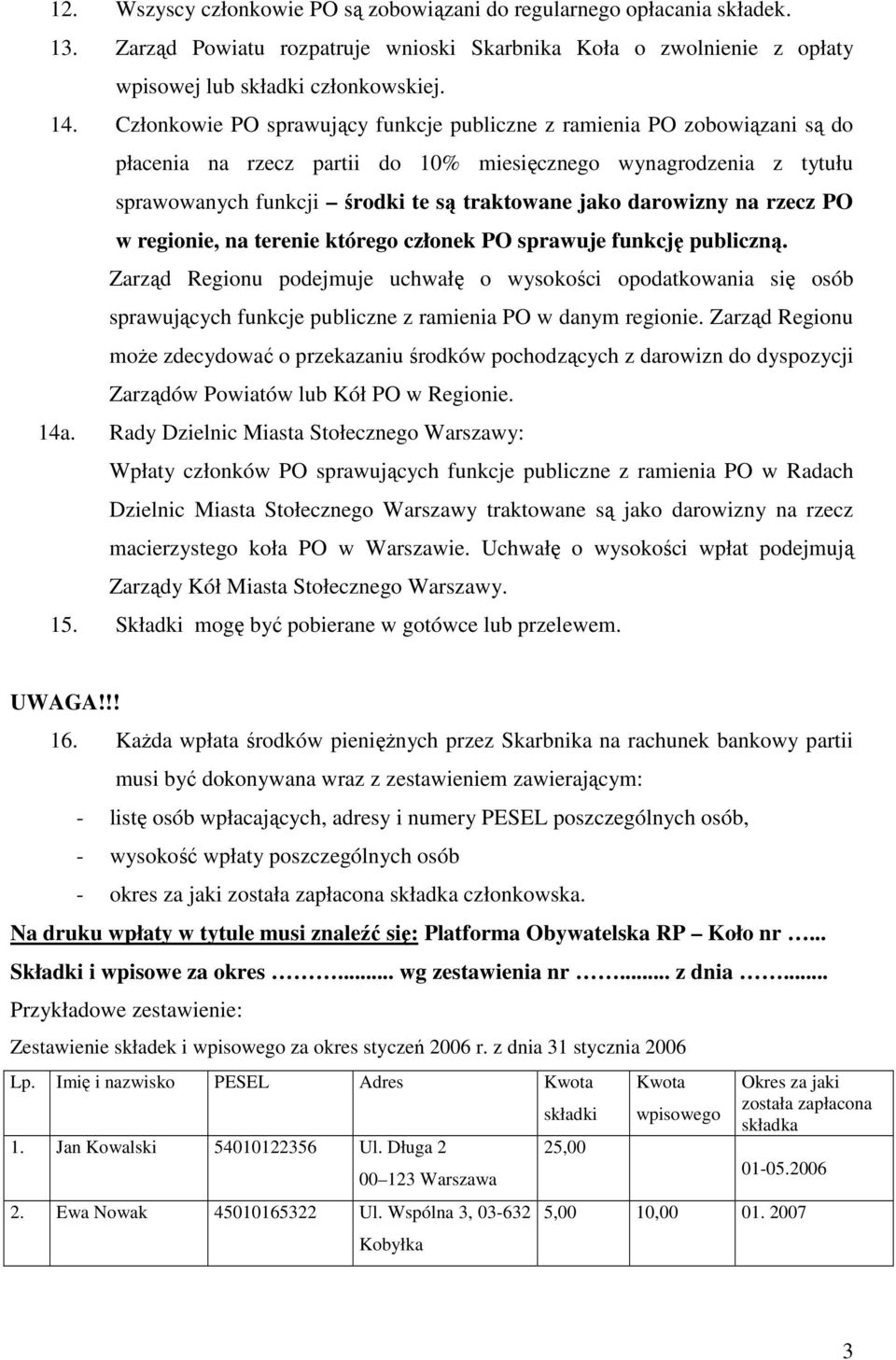 darowizny na rzecz PO w regionie, na terenie którego członek PO sprawuje funkcję publiczną.