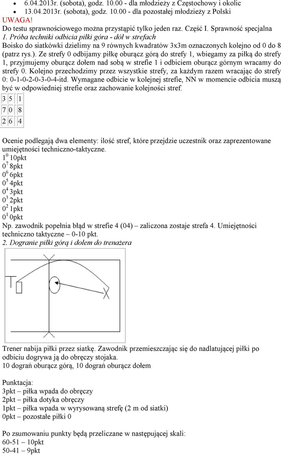 Próba techniki odbicia piłki góra - dół w strefach Boisko do siatkówki dzielimy na 9 równych kwadratów 3x3m oznaczonych kolejno od 0 do 8 (patrz rys.).