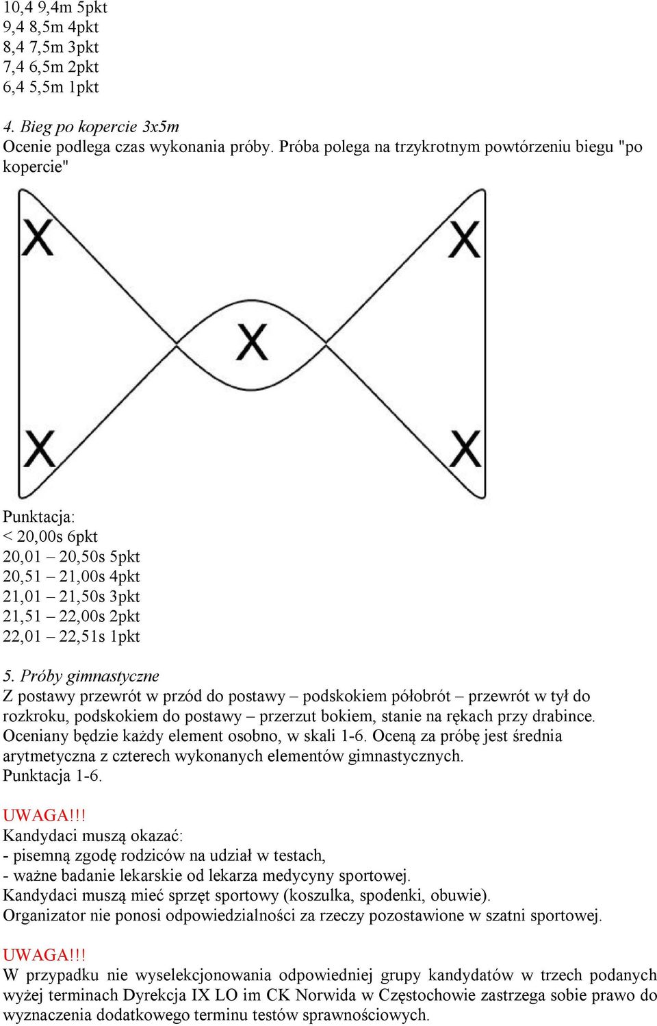 Próby gimnastyczne Z postawy przewrót w przód do postawy podskokiem półobrót przewrót w tył do rozkroku, podskokiem do postawy przerzut bokiem, stanie na rękach przy drabince.