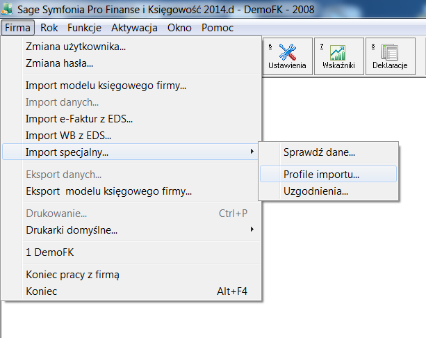 5. Import w programie Symfonia W celu zaimportowania pliku do księgowości, należy uruchomić program Symfonia. Następnie należy wybrać z górnego menu Firma Importy specjalne Profil Importu.
